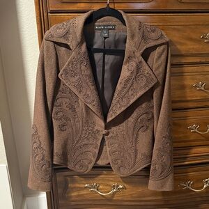Ralph Lauren Brown Embroidered Paisley Wool-Blend Blazer